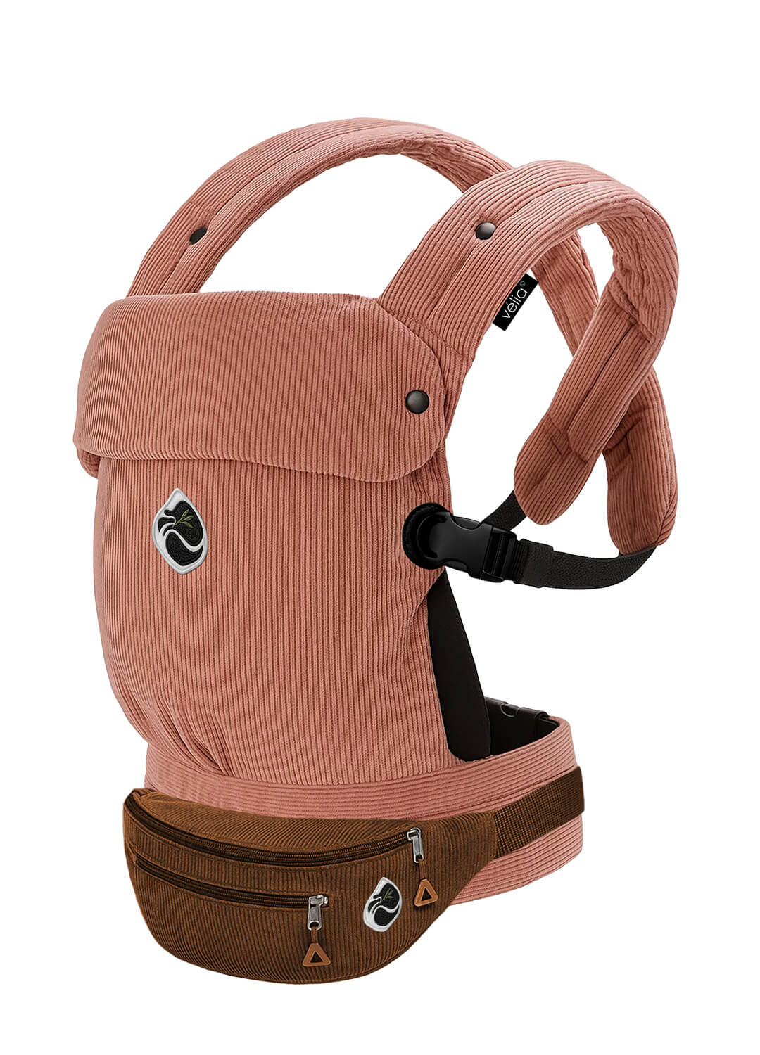 Velia Essenza Bag in Braun kombiniert mit der Nuvola Cord Babytrage in Rosé Muse – stilvolle Verbindung von weichem Rosa und klassischem Braun.
