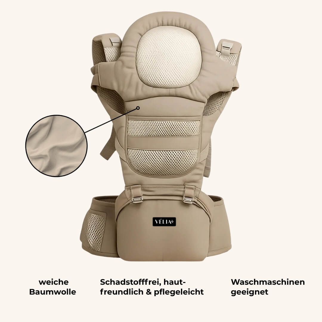 Weicher und atmungsaktiver Softstone-Stoff der VÉLIA Evolve Babytrage – Hautfreundlich, langlebig und ideal für den täglichen Gebrauch