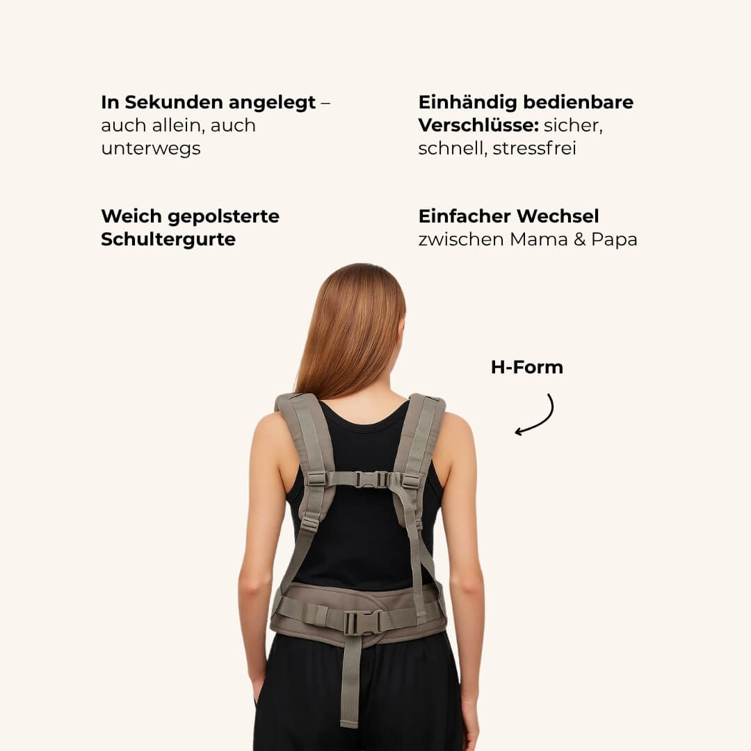 Ergonomischer Schultergurt der VÉLIA Evolve Babytrage – Bietet optimale Unterstützung für die Eltern und ermöglicht stundenlangen Tragekomfort
