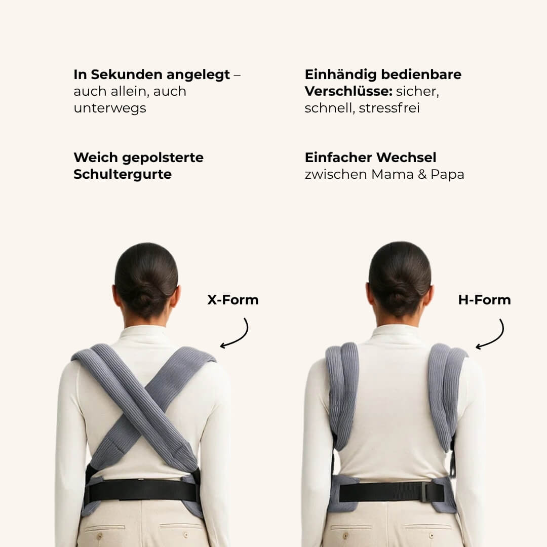 VÉLIA NUVOLA Babytrage Schultergurt – H- und X-Form für schnellen Komfort, einhändig anpassbar und weich für Eltern
