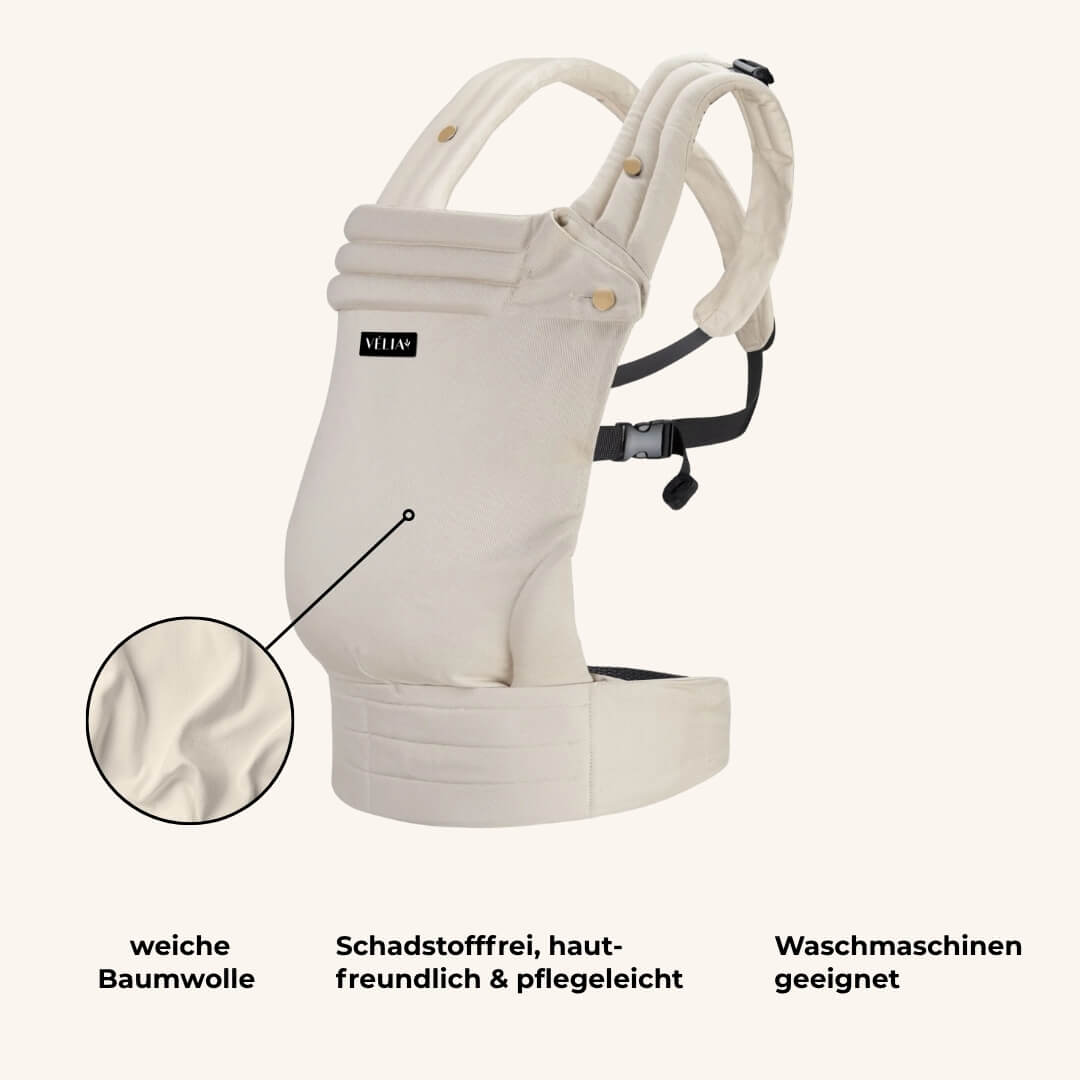 VÉLIA PURE Babytrage – Weicher, schadstofffreier Stoff, waschmaschinengeeignet, ideal für Babys empfindliche Haut