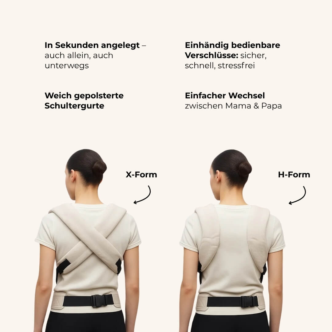 VÉLIA PURE Babytrage Schultergurt – H- und X-Form für einfache Handhabung, einhändig anpassbar und weich für maximalen Komfort
