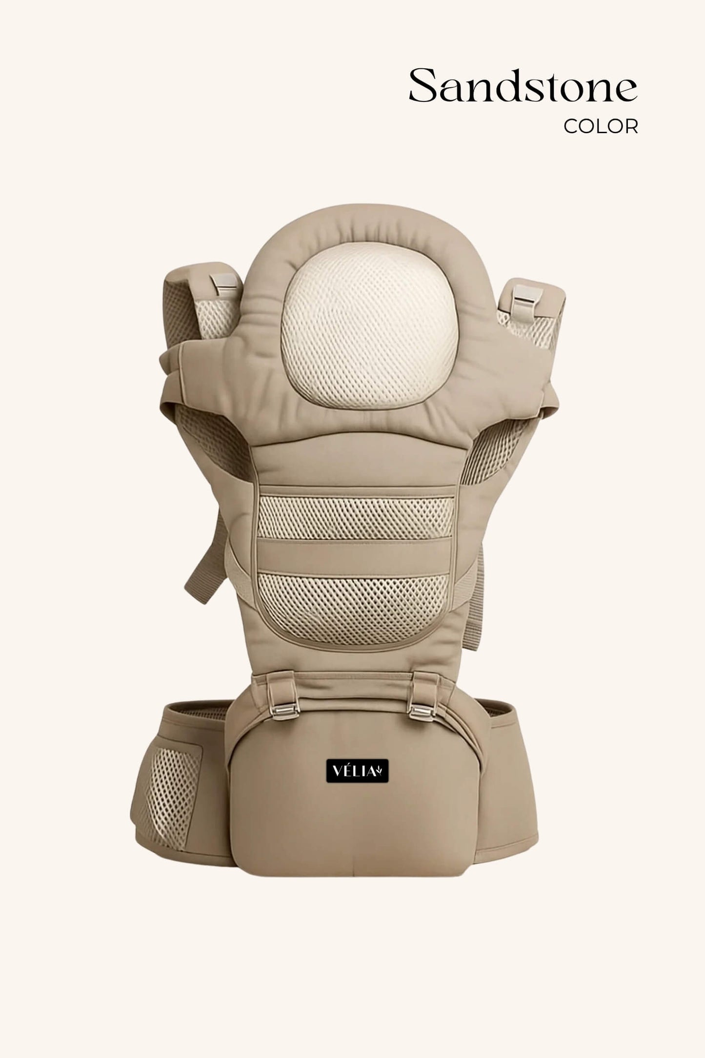 VÉLIA Evolve Babytrage in Softstone – Ergonomische Tragehilfe für Babys von 5–25 kg, rückenfreundlich und bequem für Mama und Baby