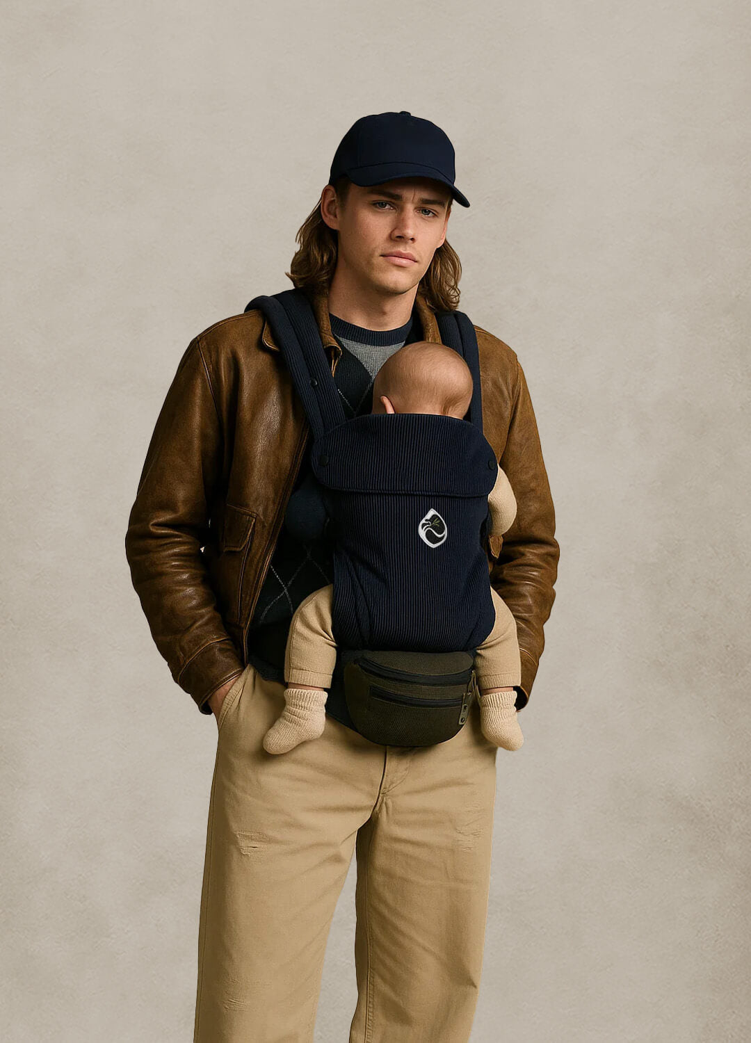 Model präsentiert die Velia Nuvola Cord Babytrage in Noir Éclat mit Essenza Bag in Dunkelgrün – eleganter, urbaner Look mit coutureartigem Design.
