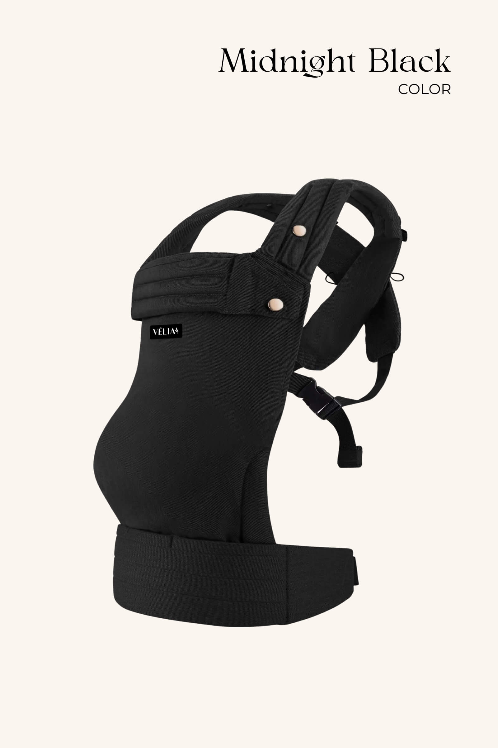 VÉLIA PURE Babytrage in Midnight Black – Robustes Design in elegantem Schwarz, ergonomisch für Mütter und gesunde Hüften der Babys